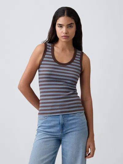 Gap Factory Ribbed Scoopneck Tank Top In Blue Brown Stripe
