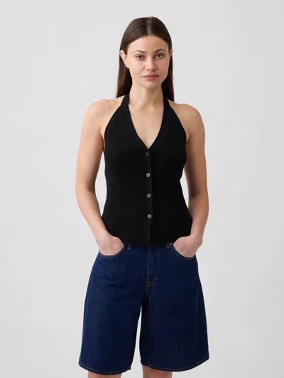 Gap Factory Sleeveless Halter Button-up Sweater In Black