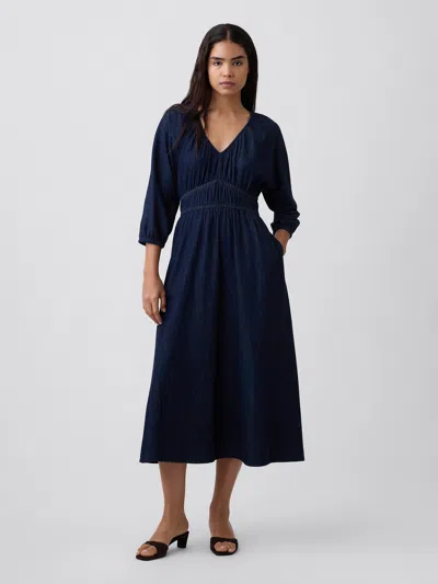 Gap Factory Smocked Denim V-neck Midi Dress In Medium Wash