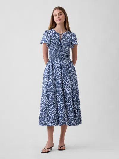 Gap Factory Smocked Flutter Sleeve Midi Dress In Blue