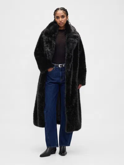 Gap Faux Fur Long Coat In Black