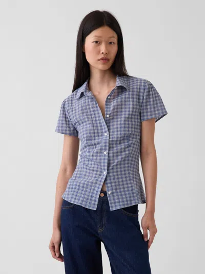 Gap Fitted Cap-sleeve Shirt In Blue Plaid
