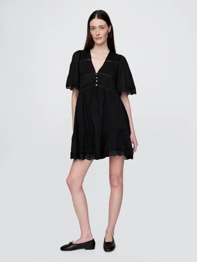 Gap Flutter-sleeve Eyelet Mini Dress In Black