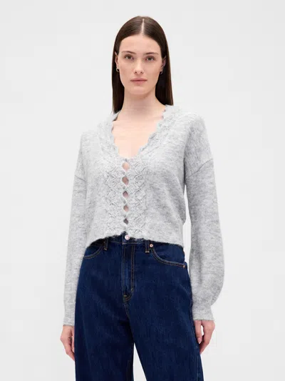 Gap Fuzzy Pointelle Scalloped Crop Cardigan In Gray