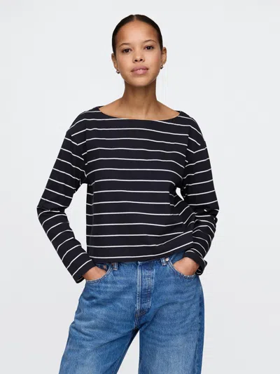 Gap Heavyweight Organic Cotton Vintage Boatneck T-shirt In Navy Blue And Beige Stripe
