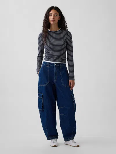 Gap High Rise Barrel Cargo Jeans In Dark Wash