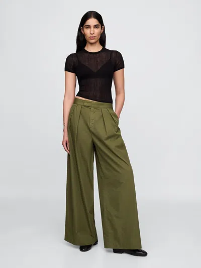 Gap High Rise Twill Pleated Wide-leg Khakis In Dark Olive Green