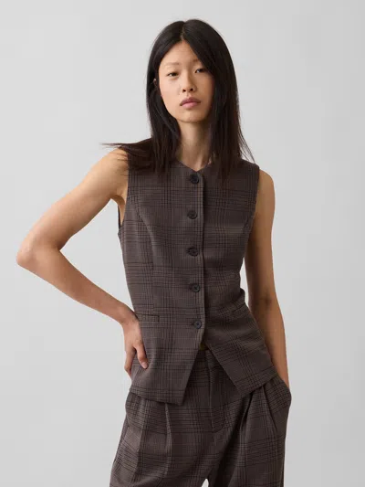 Gap High-neck Longline Vest In Brown Plaid