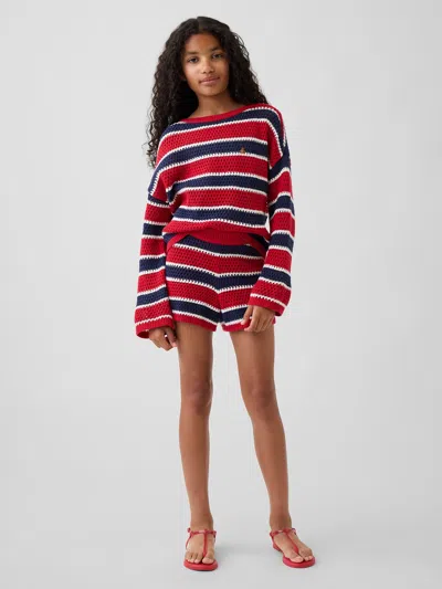 Gap Kids 100% Cotton Crochet Stripe Easy Shorts In Navy Red Stripe