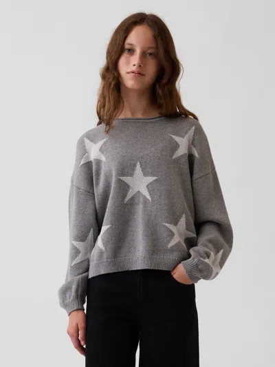 Gap Kids 100% Cotton Oversized Rollneck Sweater In Heather Grey Stars