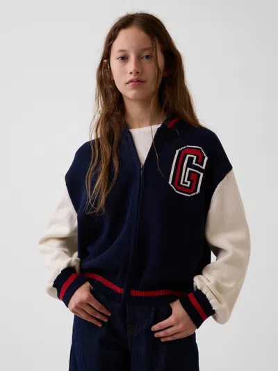 Gap Kids 100% Cotton Relaxed Varsity Sweater Jacket In Varsity Blue