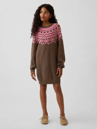 Gap Kids Cashsoft Oversized Fair Isle Sweater Dress In Brown