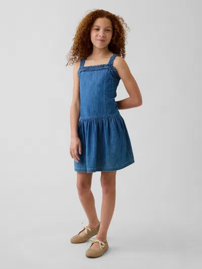 Gap Kids Denim Drop-waist Dress In Dark Wash