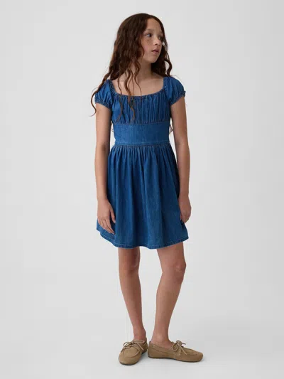Gap Kids Denim Puff-sleeve Dress In Medium Wash