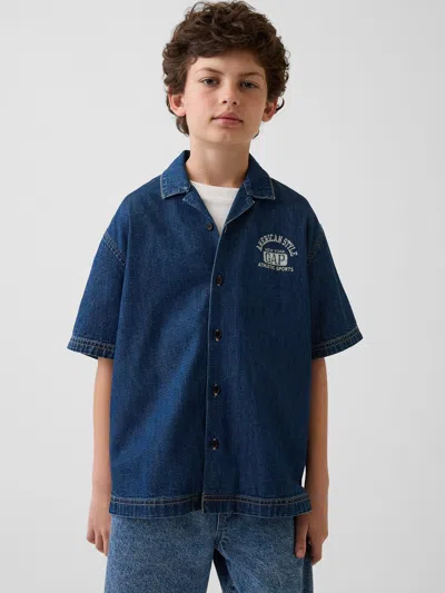 Gap Kids Denim Relaxed New York Logo Shirt In Dark Wash