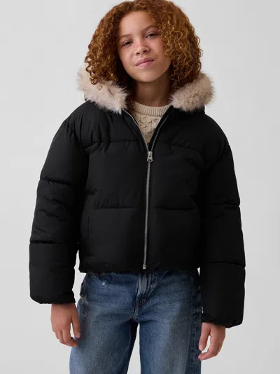 Gap Kids Faux Fur Hooded Puffer Jacket In Black