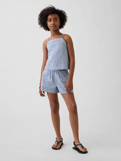 Gap Kids Linen-cotton Gingham Easy Shorts In Blue Gingham