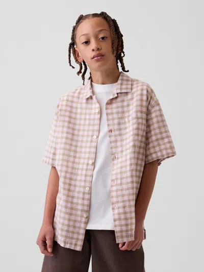 Gap Kids Linen-cotton Relaxed Vacay Shirt In Khaki Plaid