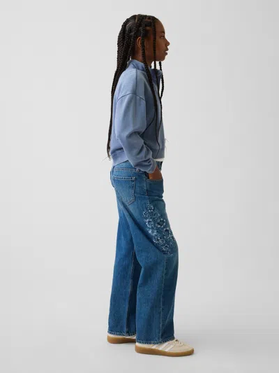 Gap Kids Low Rise Stride Embroidered Floral Wide-leg Jeans In Medium Wash