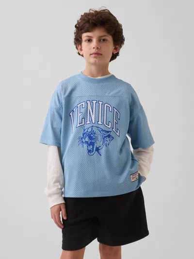 Gap Kids Mesh Oversized Graphic Jersey T-shirt In Blue Stone
