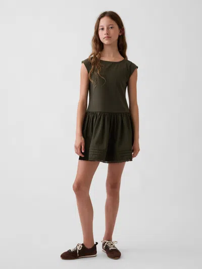Gap Kids Mixed Media Drop-waist Dress In Bamboo Olive Green