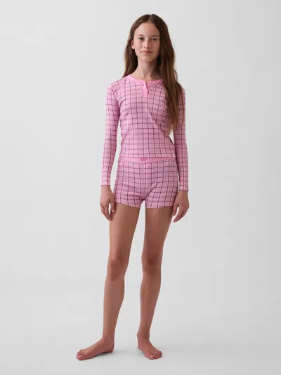 Gap Kids Organic Brushed Cotton Henley Pj Short Set In Pink Plaid