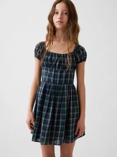 Gap Kids Puff-sleeve Dress In Green Blue Plaid