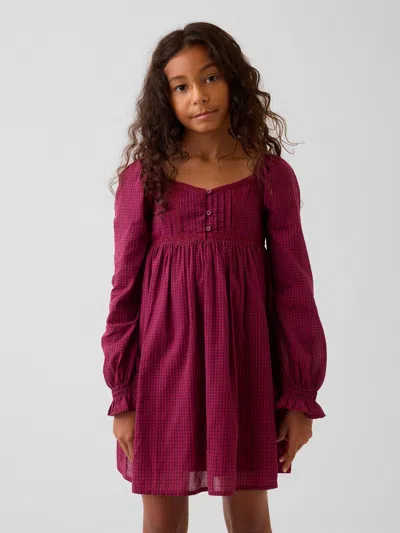 Gap Kids Puff-sleeve Empire-waist Dress In Burgandy Plaid