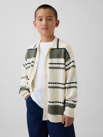 Gap Kids Relaxed Polo Shirt Cardigan Sweater In Green Stripe