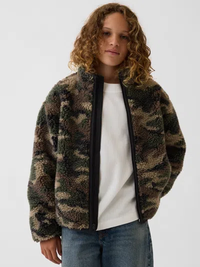Gap Kids Sherpa Relaxed Camo Zip Jacket In Woodland Camo