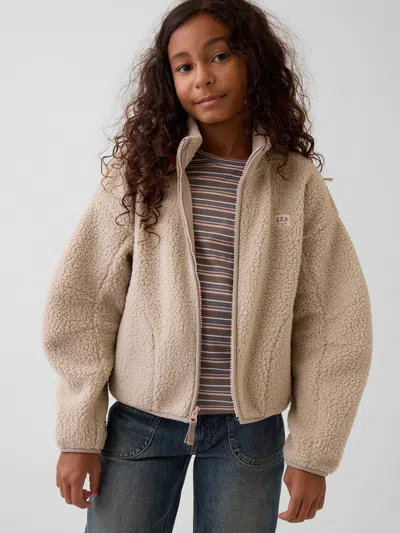 Gap Kids Sherpa Relaxed Zip Jacket In Cobblestone Beige