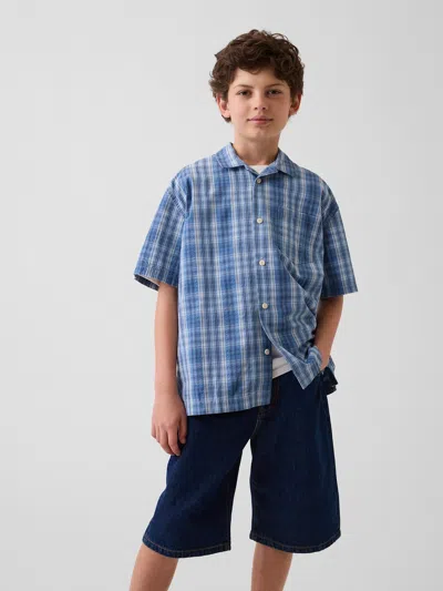 Gap Kids Textured Plaid Relaxed Vacay Shirt In Blue Plaid
