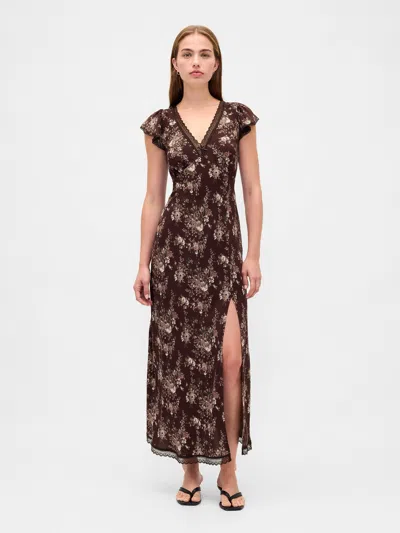 Gap Lace-trim V-neck Crepe Maxi Dress In Brown
