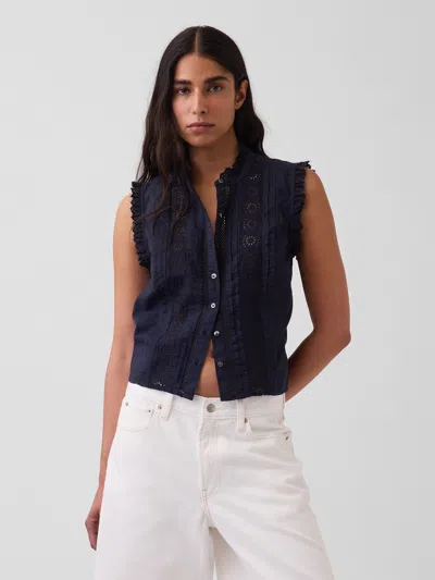 Gap Lace-trim Pintuck Button-front Top In Blue