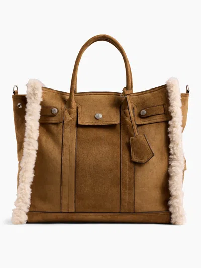 Gap Large Sherpa-lined Vegan Suede Five Pocket Tote In Brown