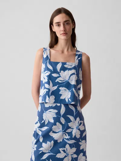 Gap Linen-blend Button-back Cropped Tank Top In Blue & White Floral