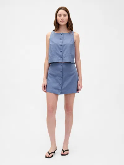 Gap Linen-blend Button-front Mini Skort In Blue