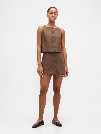 Gap Linen-blend Button-front Mini Skort In Brown