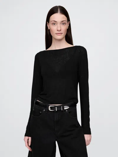 Gap Linen-blend Cropped Boatneck T-shirt In Black