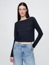 Gap Linen-blend Cropped Boatneck T-shirt In Navy Blue