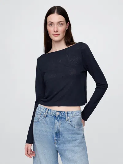Gap Linen-blend Cropped Boatneck T-shirt In Navy Blue