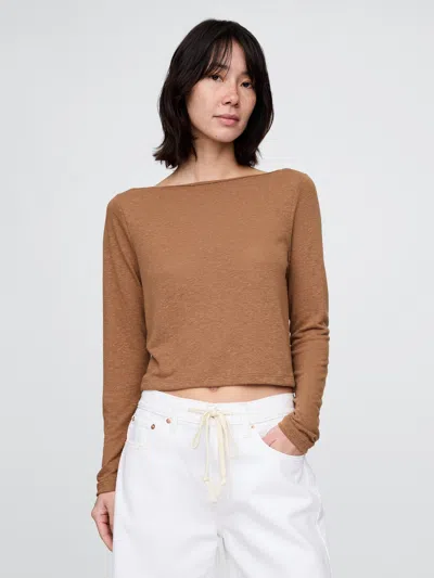 Gap Linen-blend Cropped Boatneck T-shirt In Rawhide Brown