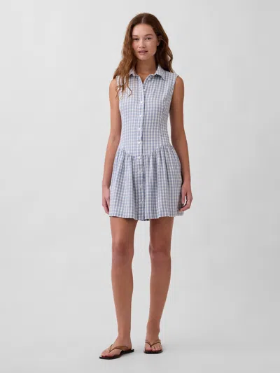 Gap Linen-blend Drop-waist Mini Shirtdress In Blue