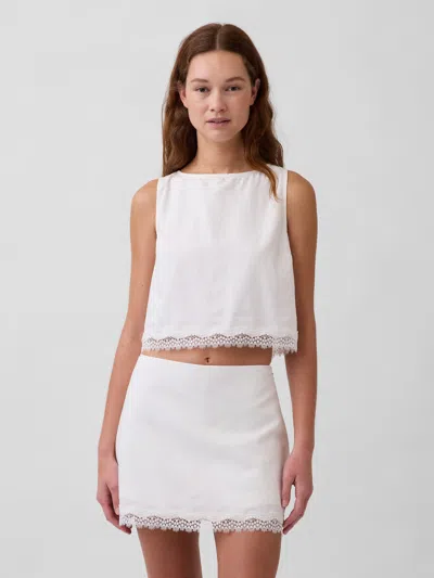 Gap Linen-blend Lace-hem Crop Shell Top In White