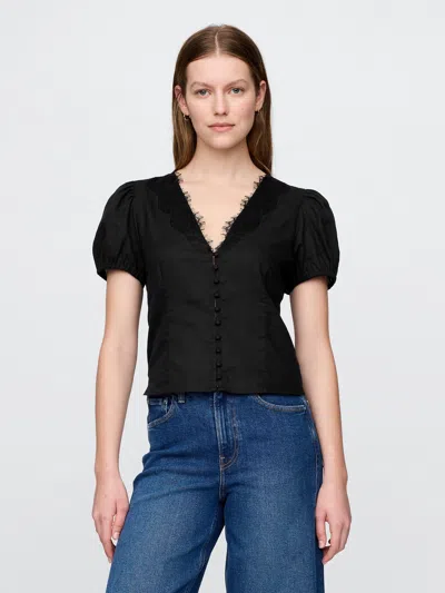 Gap Linen-blend Lace V-neck Top In Black