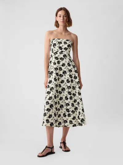 Gap Linen-blend Midi Dress In White & Black Floral Print
