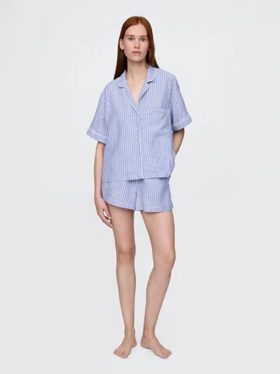 Gap Linen-blend Pj Shorts In Blue & White Stripe