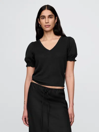 Gap Linen-blend Puff-sleeve Top In Black