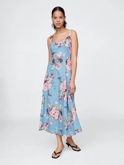 Gap Linen-blend Square-neck Maxi Dress In Blue Multi Floral