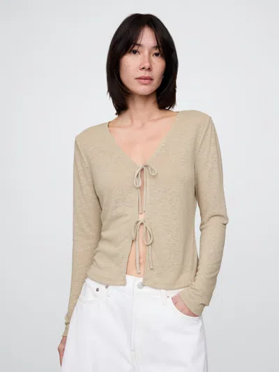 Gap Linen-blend Tie-front Cardigan In Khaki Tan